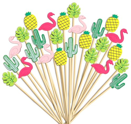 LQTSLFM 100 Palillos para Aperitivos Verano, Pinchos para Aperitivos Hawai, Palillos de Cóctel de Madera, Decoraciones Cócteles Graciosos, Decoración de Fiestas para Fruta, Postres, Tartas (Farbe-A)