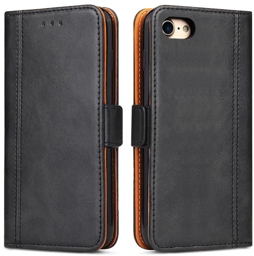 Bozon Handyhülle für iPhone SE 2022/ iPhone SE 2020, iPhone 7/8 Leder Klapphülle mit Kartenfächer, iPhone 8 Handytasche Klappbar Schutzhülle mit Standfunktion (Schwarz grau)
