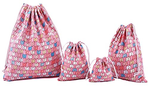 Amoyie 4 pz Sacchetto Coulisse Tela, Sacca Asilo Tessuto, Borsa per giocattoli/vestiti/scarpe, Sacchetti da Viaggio, Set Organizer per Valigia Bambini, Elefante Rosa