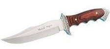 Muela Cuchillo Venecia 21833 hoja de acero ACX-380 de 18 cm y empuñadura de madera coral para Caza, Pesca, Supervivencia y Bushcraft Realizado en Ciudad Real + Portabotellas de regalo