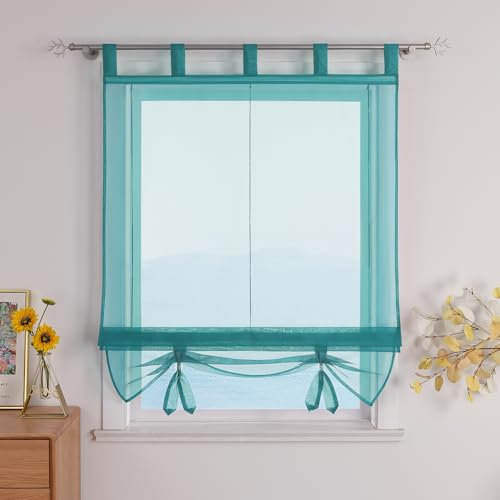 ESLIR Raffrollo mit Schlaufen Gardinen Küche Raffgardinen Transparent Schlaufenrollo Vorhänge Modern Voile Blau BxH 100x155cm 1 Stück