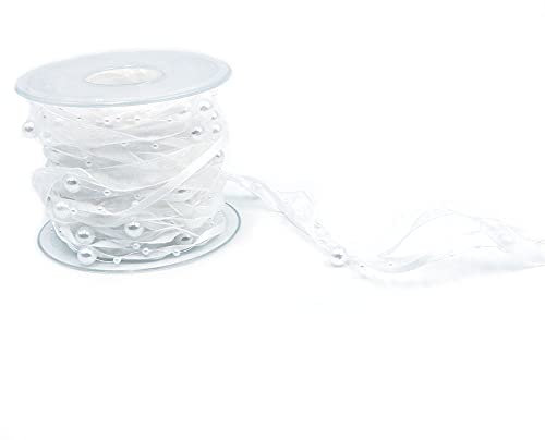 ANCLLO 10M Künstliche Perlenband Chiffon-Band und Organza-Spitze-Band-Ordnungen für Hochzeits-Blumen-Weihnachtsbaum-Dekoration Nähen Handwerk Verpackung (Weiß)