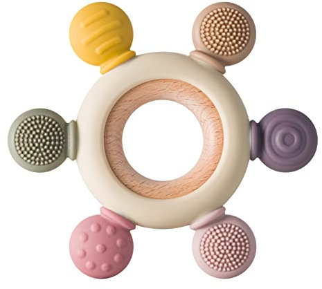 Arudyo Beißring aus Silikon BPA-frei Spielzeug Baby Ruder Greifling Zahnen Nursing Zubehör mit Hölzern Ring (Khaki)