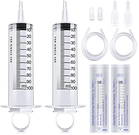 2 Pcs Plastic Syringe with 2Pcs 1m Tube,for E-Liquids, Oil or Glue Applicator, Experiments, Pet Feeding,Plant irrigation Labor&Science Use (100ml)