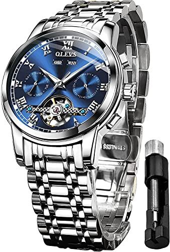 OLEVS Automatic Watch for Men Self Winding Mechanical Waterproof Stainless Steel Strap Classic Tourbillon Wrist Watches (Blue)