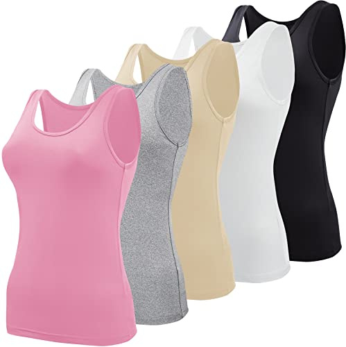 BQTQ 5 stycken undertröja damer crop top linne basic cami linne topp för kvinnor och flickor, Svart, vit, grå, rosa, beige, XL