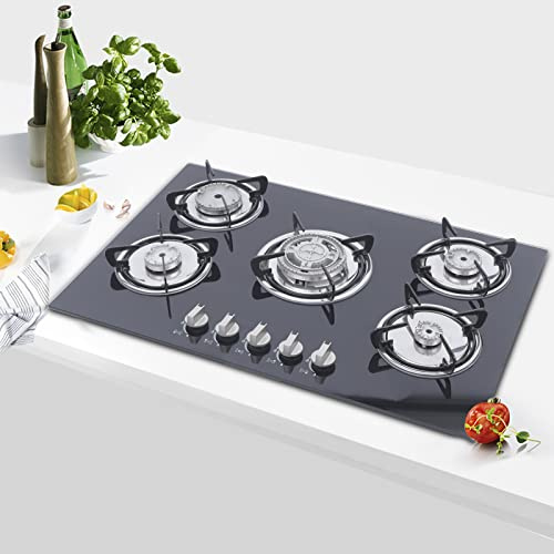 5 Flammen Gaskochfeld Einbauherd Gaskocher FüR Erdgas Und Propangas Stove Cooker Kochfeld Glaskeramik GehäRtetes Glas Gasherd Propan Kocher Mit DüSe Edelstahl Gusseisengitter Kompatibel Kochplatten