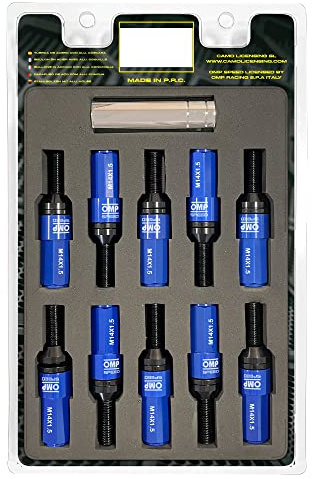 OMP SPEED 20er Set Radschrauben schwarz mit Metrica M14X1.5 Schraubenschlüssel 17-19 lang Gewinde 28mm mit blauem Schutz aus Aluminium 7075 + DIN 12.9