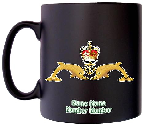 Klassek Royal Navy Submariners Dolphins Mug MoD Official Coffee Cup 10oz | Black satin ceramic with white inner. Features a thermally embedded military insignia. Ideal veteran gift for home or work