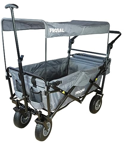 FROSAL Bollerwagen Nick PRO faltbar mit Bremse Dach Grau klappbar | Schiebegriff | Luftreifen | Lufträder Ideal für Strand Wald & Feldwege