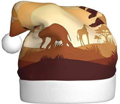 Elefant und Giraffe im Sonnenuntergang bedruckte Weihnachtsmütze, lustige Weihnachtsmannmütze, Weihnachtsmütze für Unisex Erwachsene