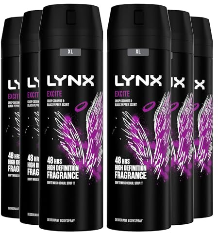Lynx XL Excite Body Spray Deodorant for Men 200ml Pack of 6, 48H Odour Protection Bodyspray Aerosol, High Definition Masculine Fragrance, Lynx Deodorant Mens Everyday Freshness