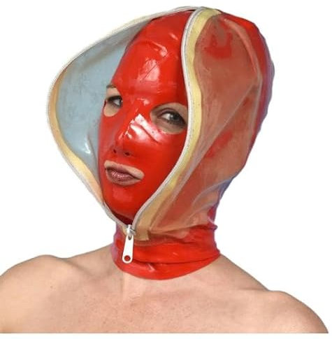 ZYDHHP Doppelte Bondage Maske Für Gesicht Mit Reißverschluss SM Sex Fetisch Latexmaske Cosplay Halloween Maske Latex Body Kopfbedeckung Maske Kopfmaske BDSM Maske Erotisches Sexspielzeug,XS,Red