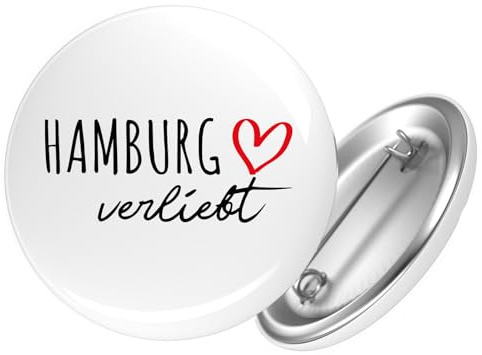 Huuraa Button Hamburg verliebt Geschenk | 25mm Pin Accessoire rund mit Sicherheitsnadel Ansteckbutton Geschenkidee Anstecknadeln für Jacken Rucksäcke