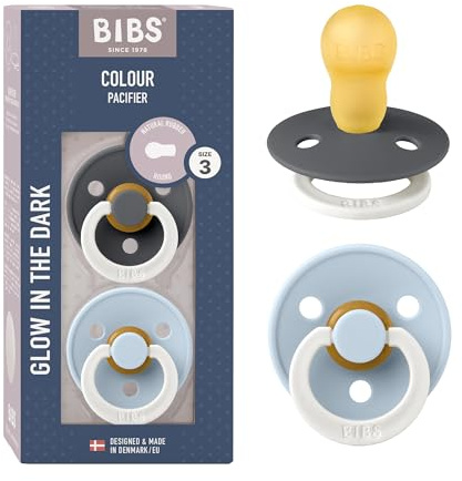 Tétine BIBS Colour Glow. Lot de 2 sucettes. Brillent dans le noir. Sans bisphénol A, Téterelle ronde. Latex de caoutchouc naturel, Taille 3 (plus de 18 mois), Iron Glow/Baby Blue Glow