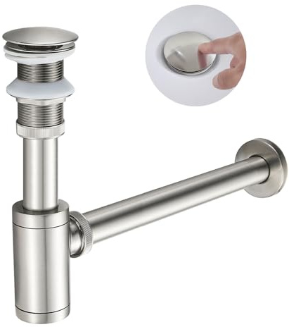 KEOKBON Edelstahl 1 1/4 x 32 mm Siphon Set für Waschbecken, Syphon Pop up Ablaufgarnitur ohne Überlauf Stöpsel Abfluss Geruchsverschluss Reinigungsöffnung passgenau Röhrensiphon, Gebürstetes Nickel