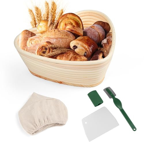 Bread Proofing Basket,25cm/10in Heart Shaped Rattan Sourdough Proving Basket Baking Tool Bowl with 3 Pack Baking Tools for Home Bread Making