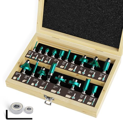 CSOOM 20-teiliges professioneller Fräser-Set für Holzbearbeitung mit Ersatzlagern, geeignet für 8mm Schaft, Hartlegierungsklingen, Holzbearbeitungswerkzeuge, verpackt in stabilen Holzkisten