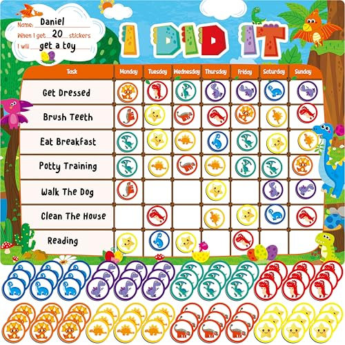 Magnet-Belohnungstafel, Trockenlösch-Aufgabenbrett – Eine Tafel & 72 Magnetische Belohnungsmagnete, Dinosaurier-Motiv, Verhaltenstracker für die tägliche Routine, Töpfchentraining