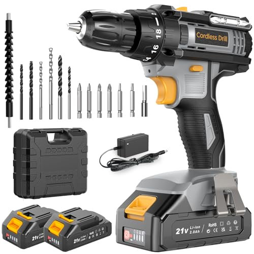 LEEIKOO Cordless Drill, Power Drill 21V, Combi Drill Set 42N.m with 2 Batteries 2.0Ah, 10mm Chuck, 2 Speeds, 18+1 Torque, LED Light, 14pcs Drill Set for Garden DIY Project, Grey