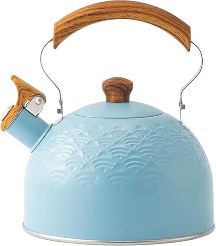 Bouilloire sifflante bleue pour cuisinière Théière en acier inoxydable de qualité alimentaire avec poignée en bois 2,3 l