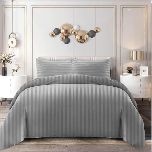 Home In Style 4U Double Duvet Cover Sets Grey Bedding with Satin Stripes-Reversible Hotel Bedding Duvet Cover Set with Pillowcases, Ultra Soft Breathable Hypoallergenic Quilt Bed Covers