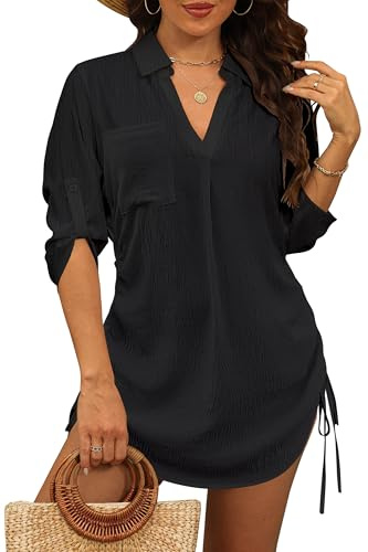 StylSense Damen Strandkleid Sommer Bikini Cover Up Badeanzug Sommerkleider Damen Leicht Strandponcho Bluse mit Tunnelzug (Schwarz, S)