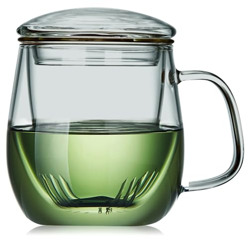 Glass Tea Cup with Infuser and Lid, 17.6oz/520ml Large Borosilicate Teacup, Clear Mug for Loose Leaf Tea, Blooming Tea, Tea Bags - Perfect Christmas or Birthday Gift for Men