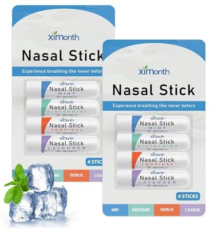 8 Stück Inhalierstift für die Nase Nasenstift mit Menthol Naseninhalator Stift Natürliche Erfrischende Minze Öle Nasenstift für die Nase Verbessert die Konzentration Entlastet Müdigkeit 4 Düfte