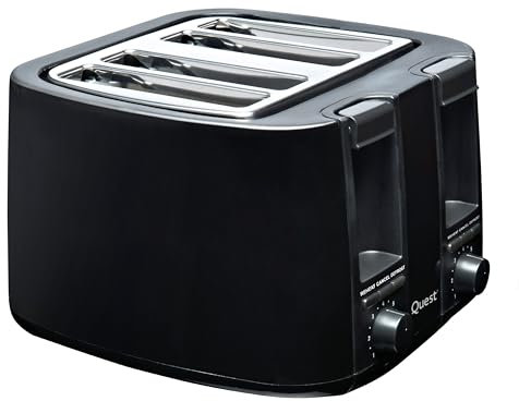Quest 4 Slice Black Toaster with Extra Wide Slots / 7 Browning Levels/Reheat & Defrost/Crumb Tray & Cord Storage/Bagels, Bread, Crumpets