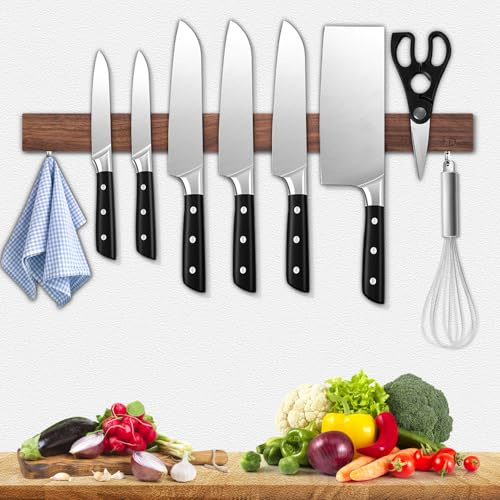 Dmore 50 cm Magnetleiste Messer mit 2 Haken, Messerhalter magnetisch ohne Bohren aus Walnuss, leistungsstarker Magnet Messerhalter, inklusive Klebeband und Schrauben für Messer, Utensilien