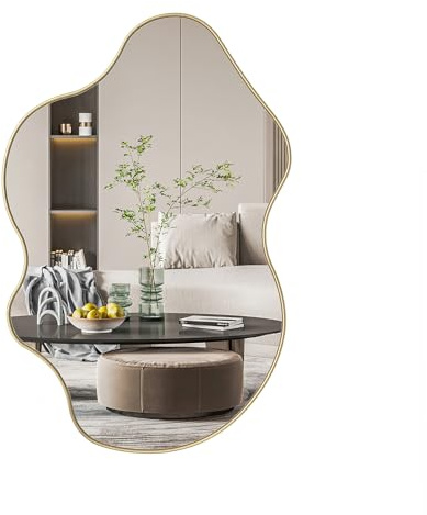 Yvsevnr Wandspiegel Groß Asymmetrischer Spiegel Flur Unregelmäßiger Organischer Spiegel Gold Badezimmerspiegel für Wand Wohnzimmer Bad Flur Eingang, Deko 60.5 x 91 cm