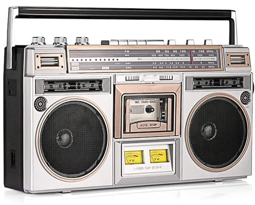 Reproductor de casete portátil – Boombox de casete con radio AM/FM, altavoces estéreo integrados, ranuras USB/Micro SD, entrada auxiliar, conector para auriculares, convierte casetes a USB/SD