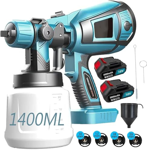 Akku Farbsprühsystem,Kompatibel mit Makita 18V Akkus, Elektro HVLP Lackierpistole mit 4 Düsen, 3 Spritzmuster,1400ml Farbsprühgerät,Hohe Leistung，zum Streichen (2x3000mAh Akku)