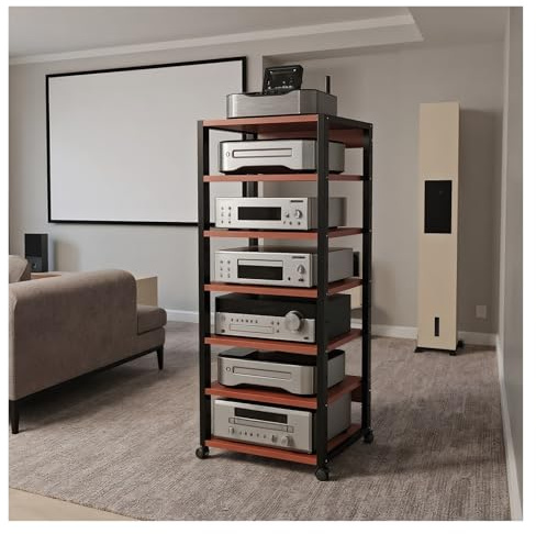 armadio audio hifi rack mobile Mobiletto Hi-Fi multifunzione a 7 ripiani con rotelle - Supporto audio/video regolabile, ripiani aperti for amplificatore, lettore DVD, console di gioco(Brown)