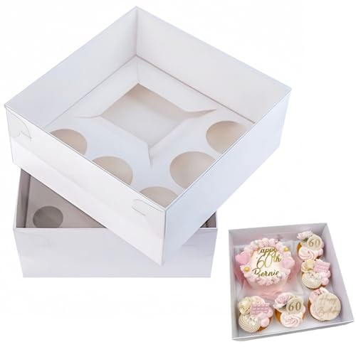 6 Packs Extra Deep Bento Cake & 5 Holes Cupcake Boxes with Clear Lids andInserts, Food Grade White Cupcake Holders, Cake Carrier Boxes for Home Christmas Party Desserts, Muffins and Pastries