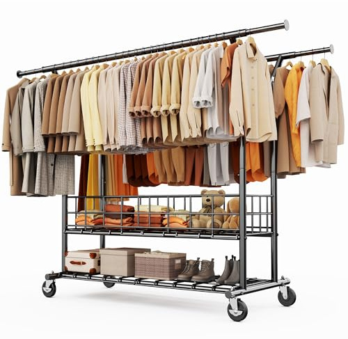 HOKEEPER D004K Porte-vêtements sur roulettes pour charges lourdes, double tringle à vêtements, charge maximale : 283 kg