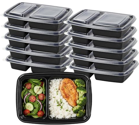 Meal Prep Containers 10 Pack – Dual Compartment BPA-Free Food Storage Boxes with Airtight Leakproof Lids – Reusable Microwave, Freezer & Dishwasher Safe Containers for Portion Control (Black)