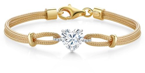 Gem Stone King 18K 2 Tone Sterling Silver White Moissanite and White Lab Grown Diamond Bracelet For Women | 1.84 Cttw Heart Shape 8MM | 6.5/7/7.5 Inches | Made In Italy
