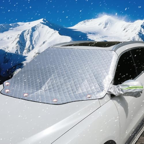 NOYVYDS Copertura Parabrezza Inverno Auto,Telo Antigelo Antineve Antighiaccio con 5 Magneti e 2 Coprirétrovisori– Protezione Universale contro Ghiaccio、Neve e Grandine per Auto SUV, 147×116cm