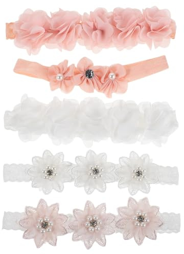 RORPOIR 5 Pezzi Fasce Capelli Neonata Elastiche con Fiori in Chiffon e Perle Rosa e Bianche Cerchietti Morbidi e Regolabili per Bambine e Neonate Accessori Capelli Comfort per Feste e