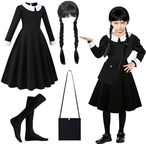 Costume Mercoledì Bambina, Vestito Mercoledì Bambina, Abito da Mercoledìs con Parrucche, Calzino, Borsa, Mercoledìs Outfit Cosplay per Carnevale Halloween (110)