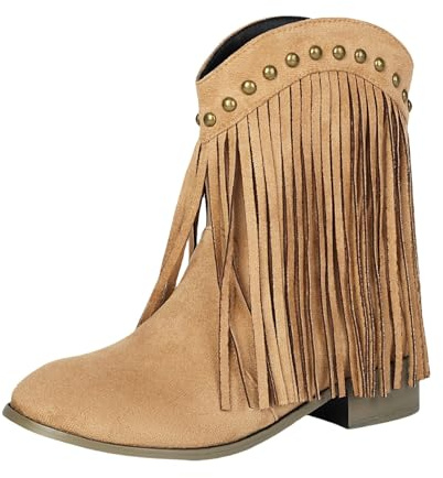 Generiska västerländska stövlar dam cowgirl cowboystövlar mocka stövlar låg klack ankelstövlar med fransar damstövlar nitar korta stövlar bekväma slip-stövlar eleganta halvstövlar, Beige, 42 EU