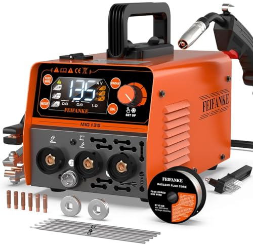 FEIFANKE MIG135 Soldador De Hilo Sin Gas 135A 230V Soldador Inverter Mini SinéRgico 3 en 1 Electrodo MIG TIG Maquina De Soldar AlimentacióN RáPida De Hilo Compatible con Hilo De Soldadura E308LFC-O