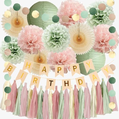 Sage Green and Dusty Pink Birthday Decorations Boho Pastel Sage Green Retro Blush Pink Birthday Party Decorations for Women Girls with Light Pink Cream Dusty Rose Tassel Garlands Banner Beige and Gold