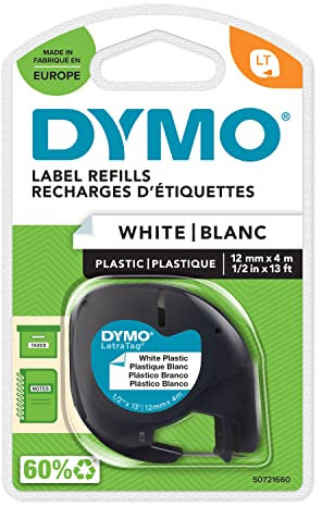DYMO Original LetraTag Etikettenband| schwarz auf weiß | 12 mm x 4 m | selbstklebendes Kunststoff Schriftband | für LetraTag-Beschriftungsgerät