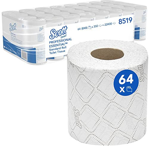 Scott® Essential™ Toilettenpapier 8519, weißes 2-lagiges Klopapier, FSC-zertifiziert und aus recycelten Fasern, 64 Toilettenpapierrollen x 350 Blätter (insg. 22.400 Blätter)