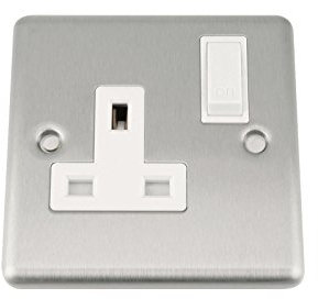 A5 Wall Socket Single 1 Gang - Satin Matt Chrome Classic - White Insert - Plastic Rocker Switch