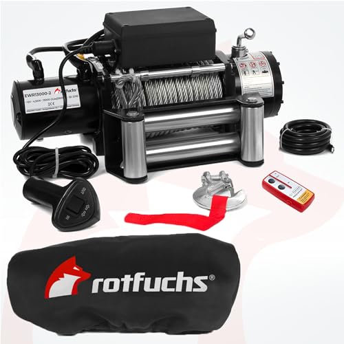 ROTFUCHS Elektrische Seilwinde 12v mit Funkfernbedienung & Schutzhülle – 5909 kg 13000 lbs, 6 PS Power Offroad 4x4 Motorwinde Umlenkrolle Forst Seilzug mit Stahlseil