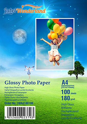 100 Sheets of 180 GSM High Gloss A4 Photo Paper (210 mm x 297 mm) A4 Picture Printing Paper for Epson Inkjet Printers Glossy Labelwonderland (A4-100 Sheets)